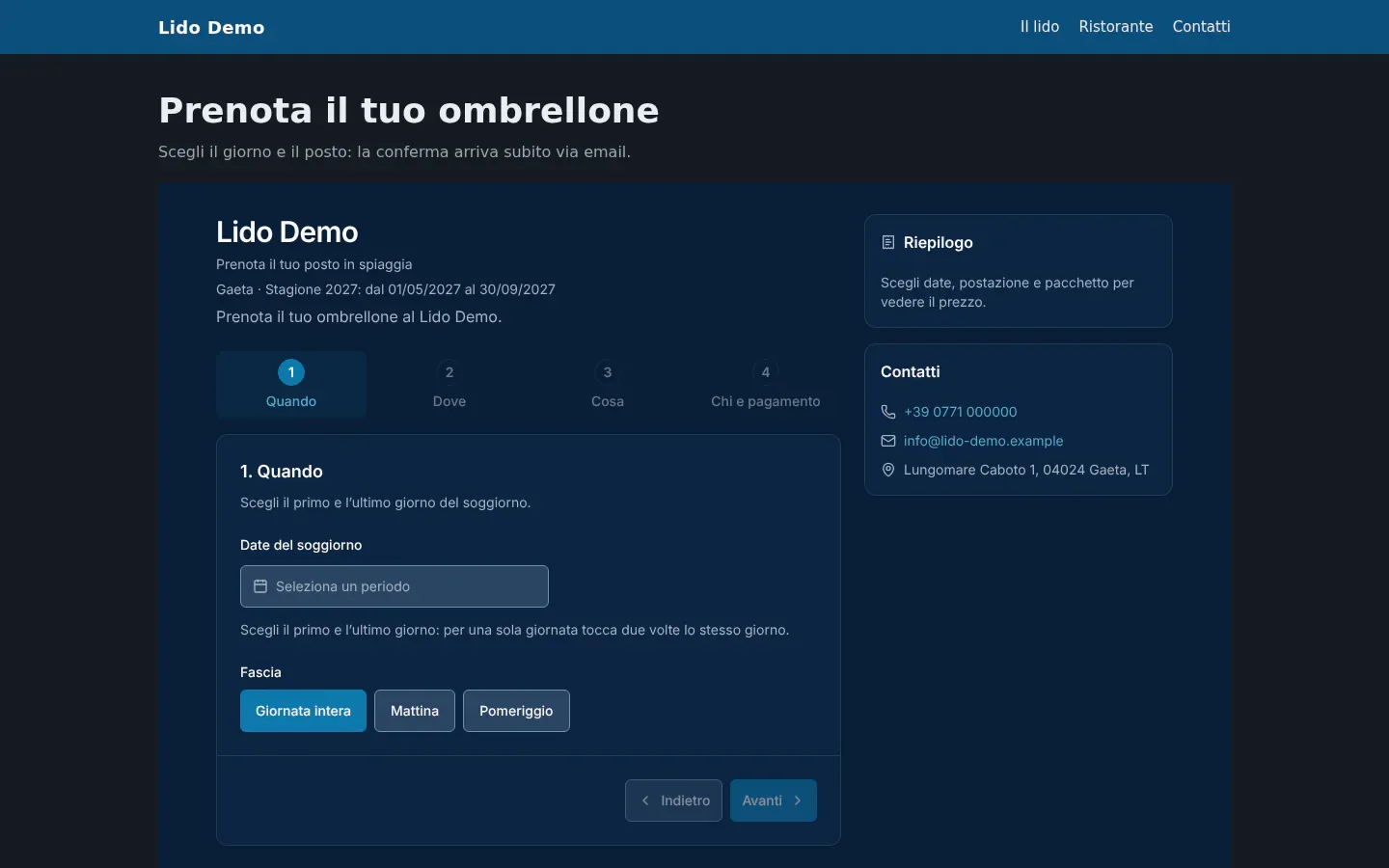 Il modulo di prenotazione di Arenile inserito nel sito del Lido Demo