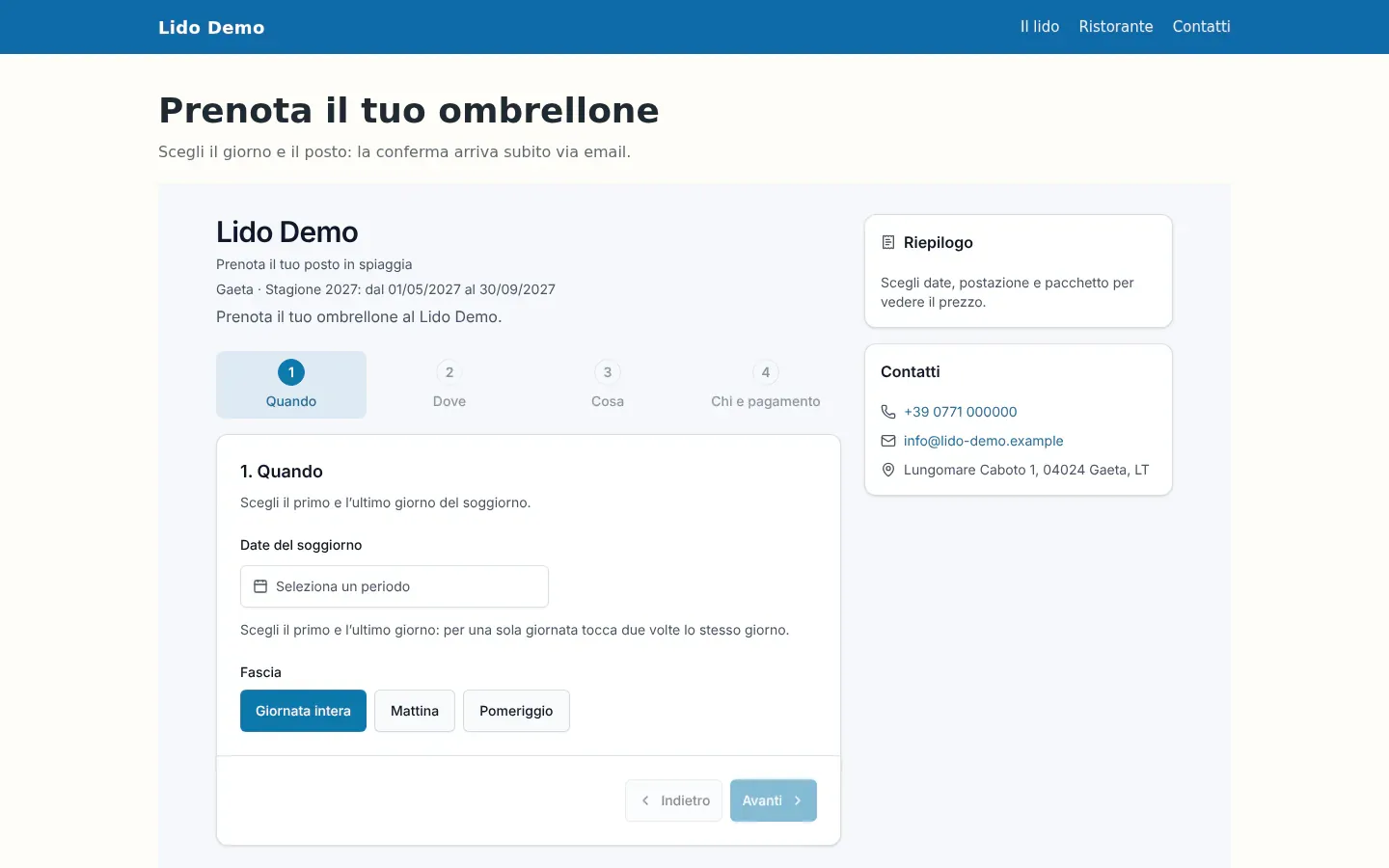 Il modulo di prenotazione di Arenile inserito nel sito del Lido Demo
