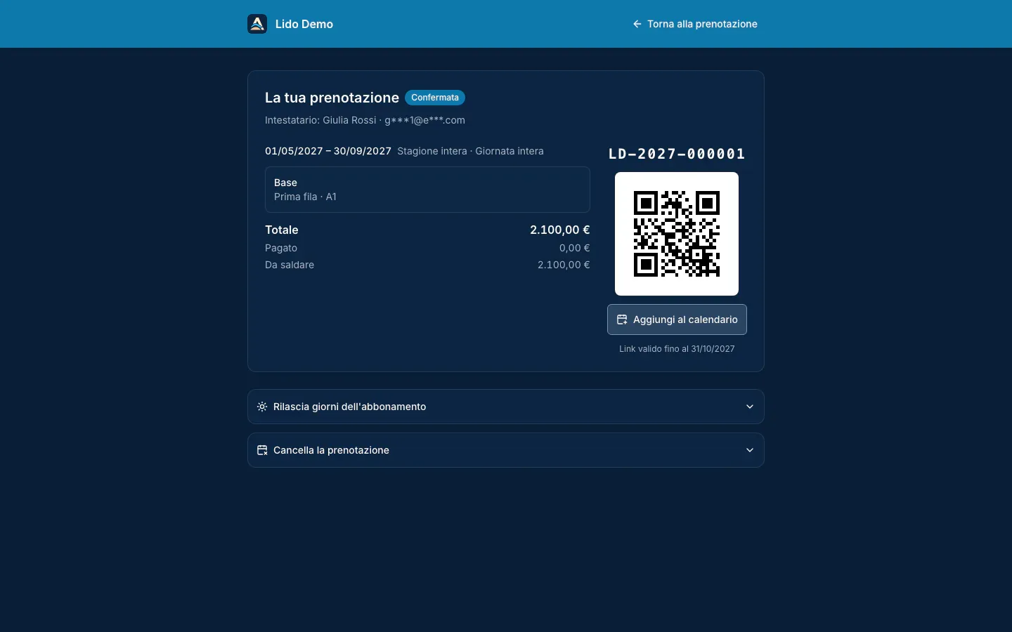 Area La tua prenotazione su computer con dettagli, QR e azioni