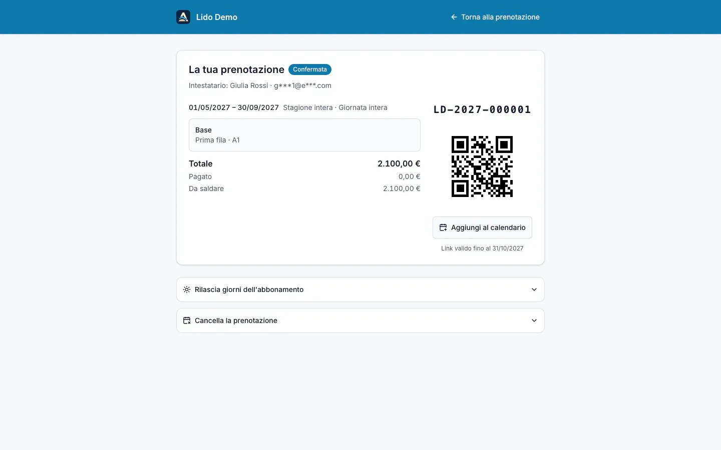Area La tua prenotazione su computer con dettagli, QR e azioni