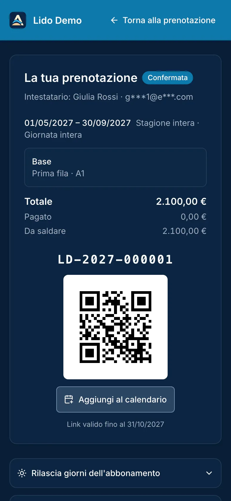 Area La tua prenotazione su smartphone con dettagli, QR e azioni