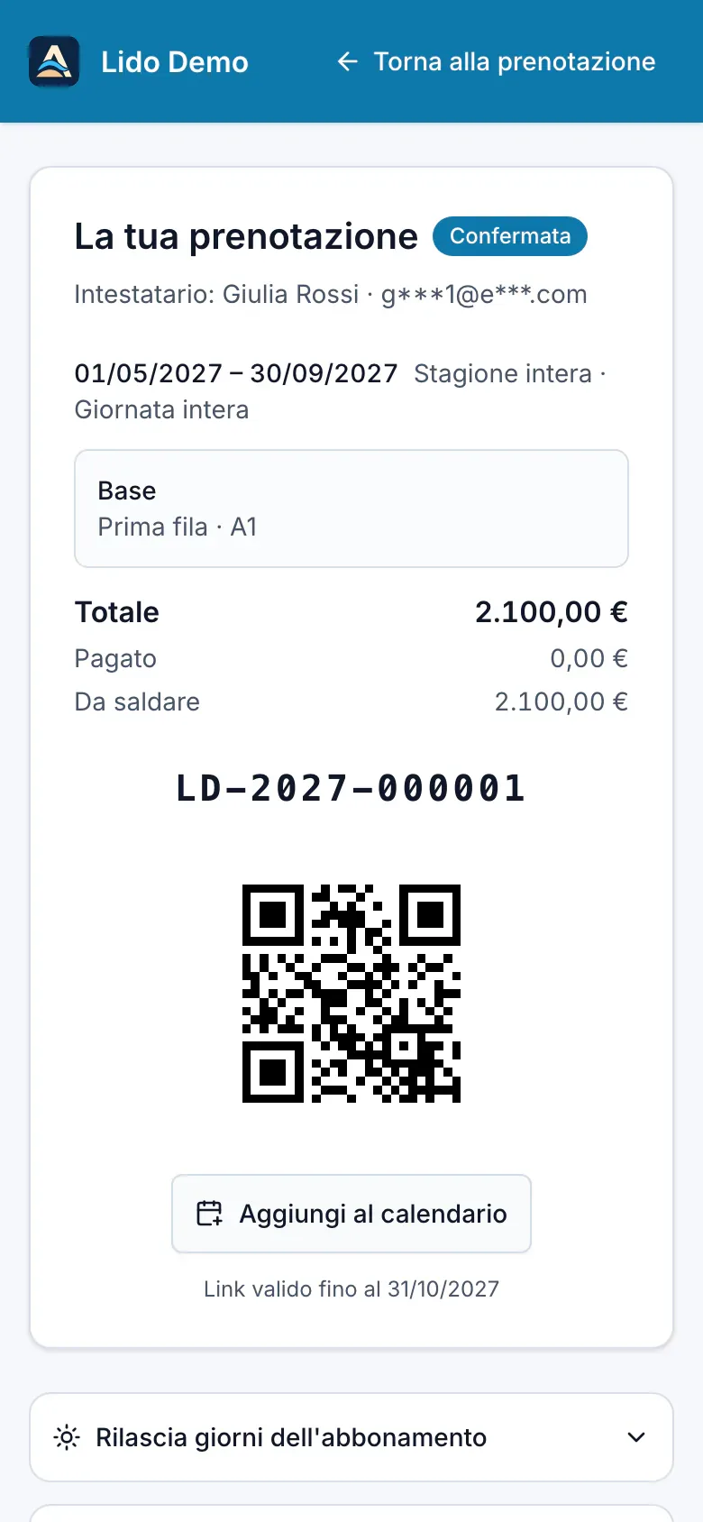 Area La tua prenotazione su smartphone con dettagli, QR e azioni