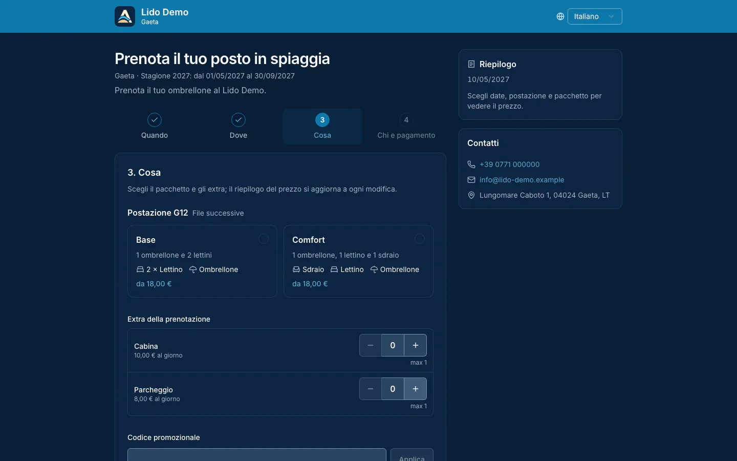 Passo Cosa su computer: pacchetti ed extra con il riepilogo del prezzo a fianco