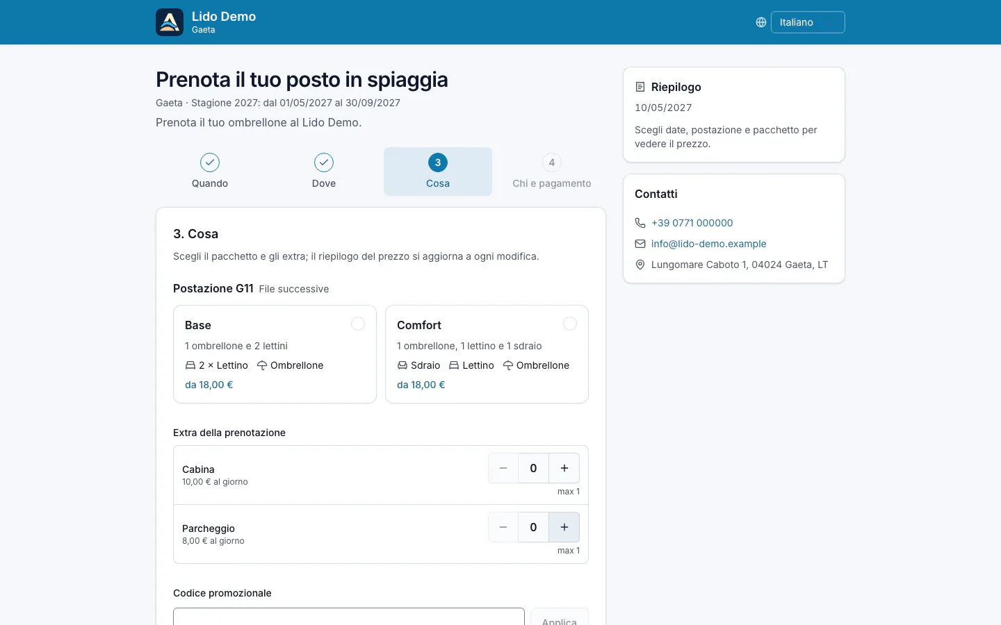 Passo Cosa su computer: pacchetti ed extra con il riepilogo del prezzo a fianco