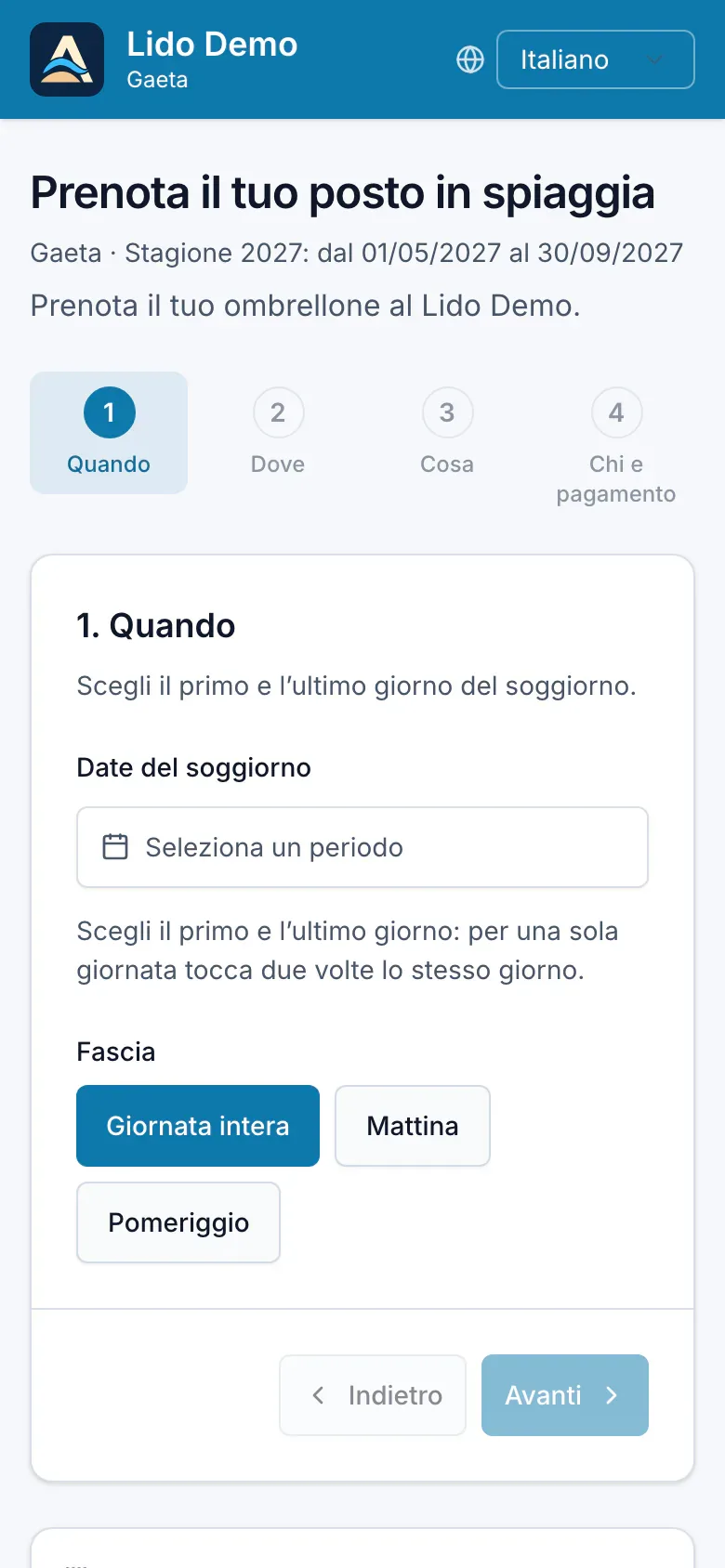 Passo Quando su smartphone: calendario della stagione con il periodo selezionato