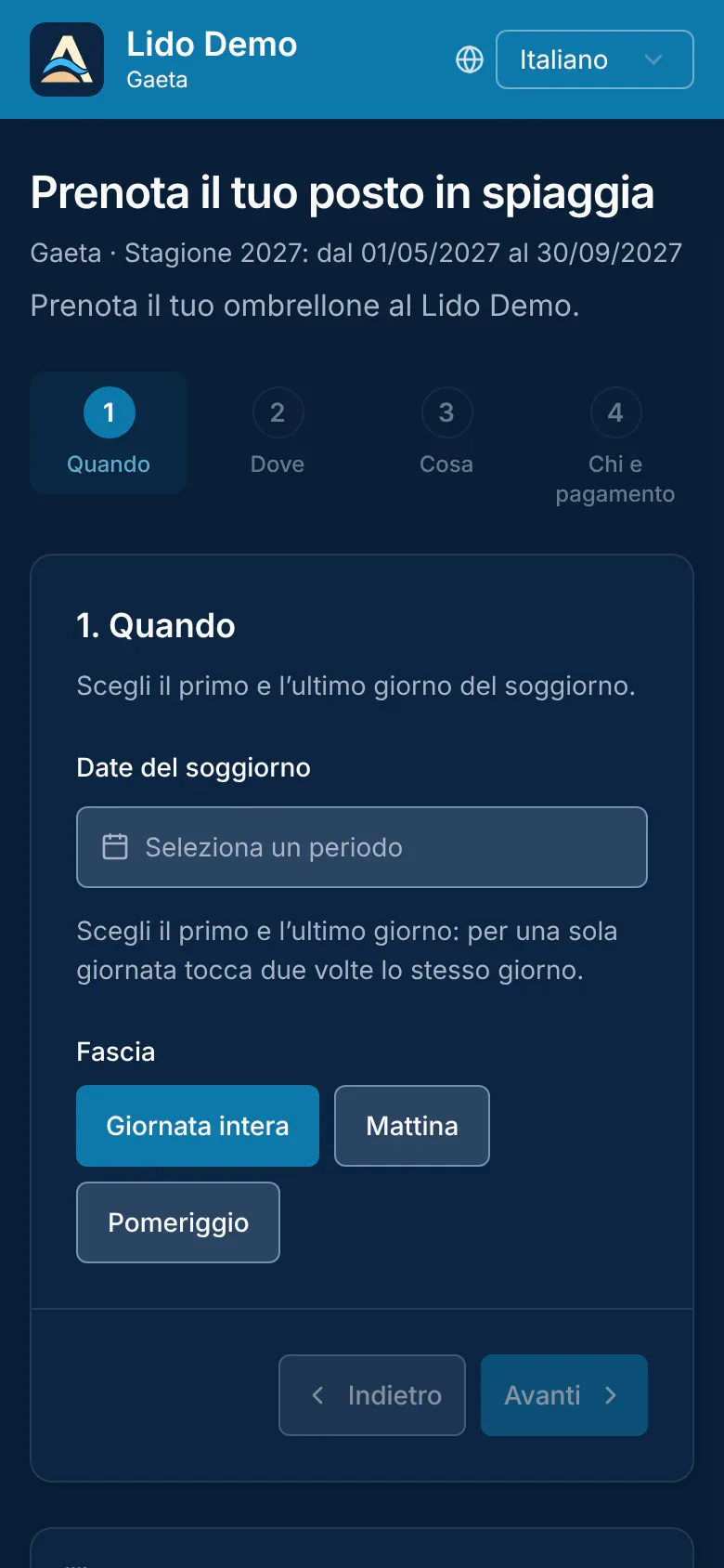 La pagina di prenotazione online del Lido Demo su uno smartphone