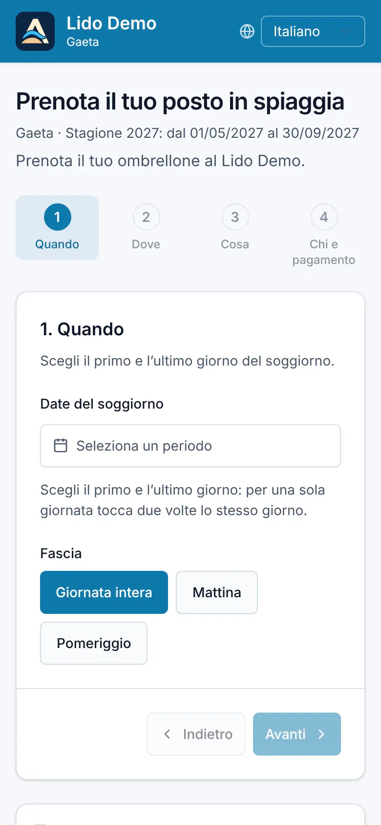 La pagina di prenotazione online del Lido Demo su uno smartphone