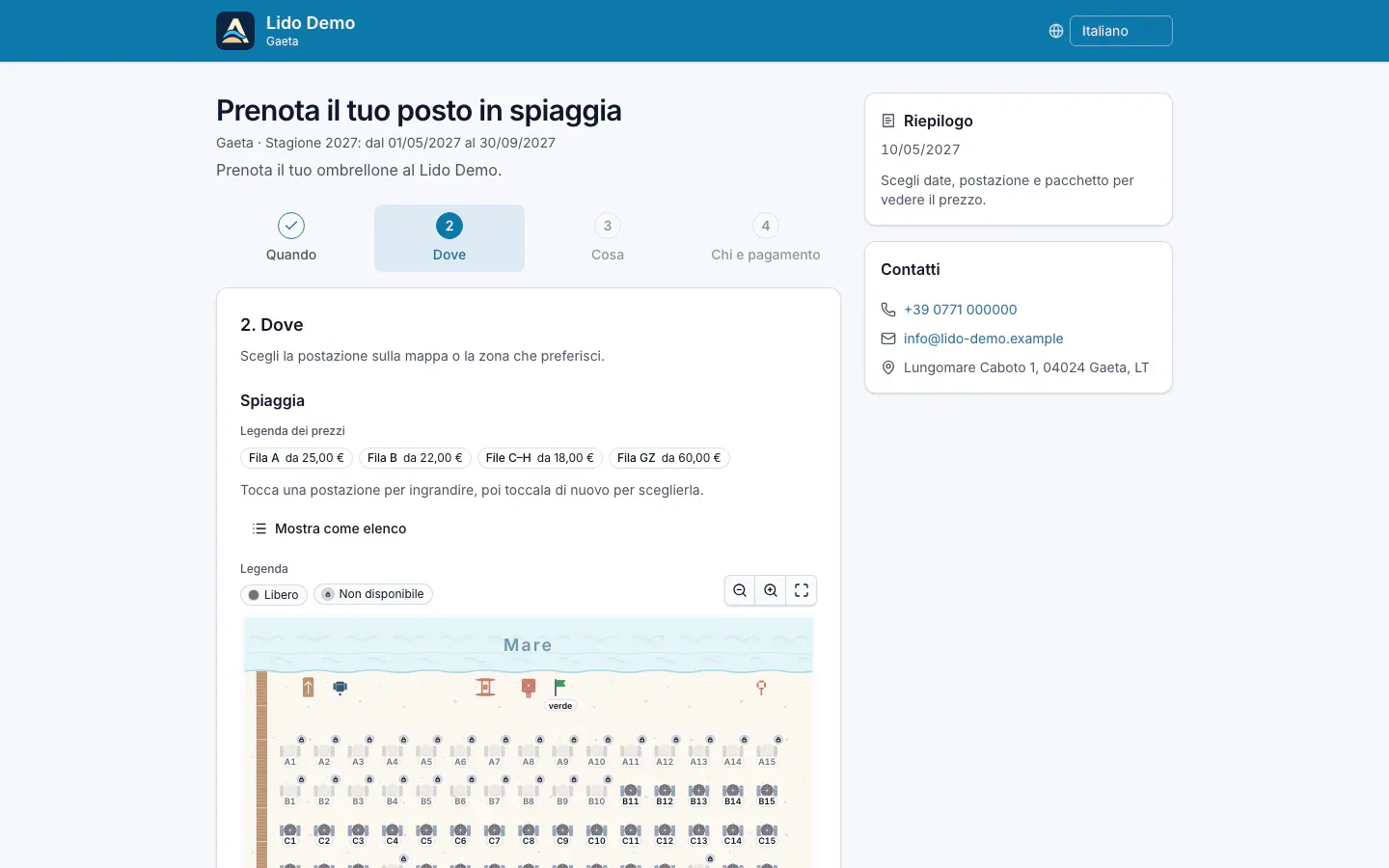 Passo Dove su computer: mappa grande con le postazioni libere e la legenda dei prezzi