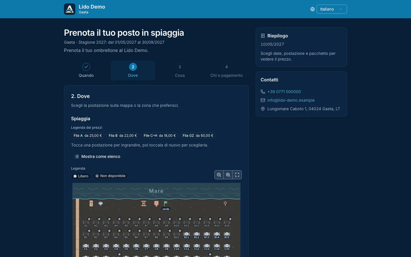 Passo Dove su computer: mappa grande con le postazioni libere e la legenda dei prezzi