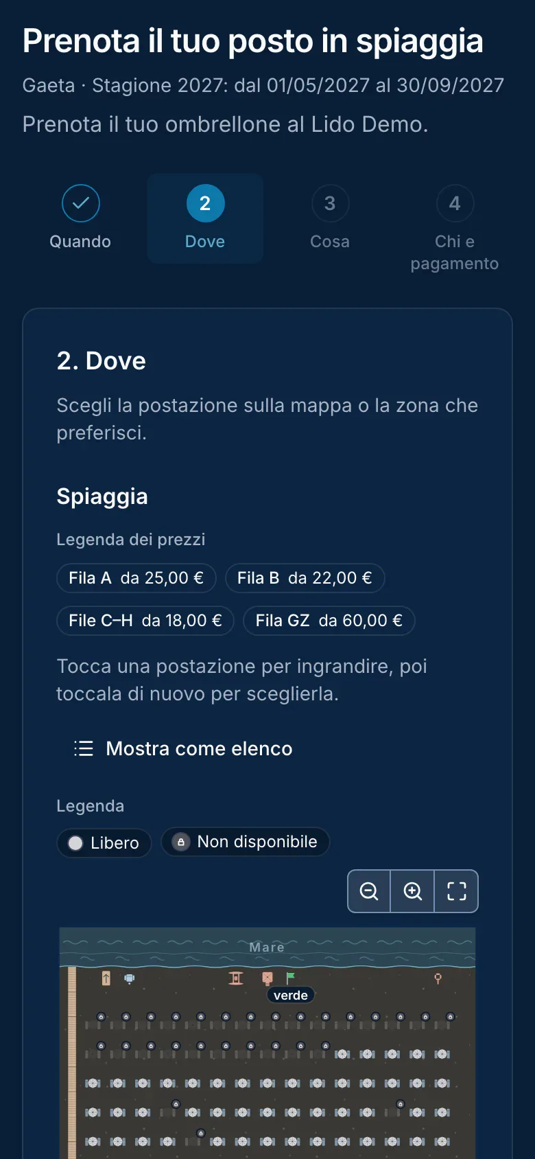 Passo Dove su smartphone: mappa con le postazioni libere e legenda dei prezzi