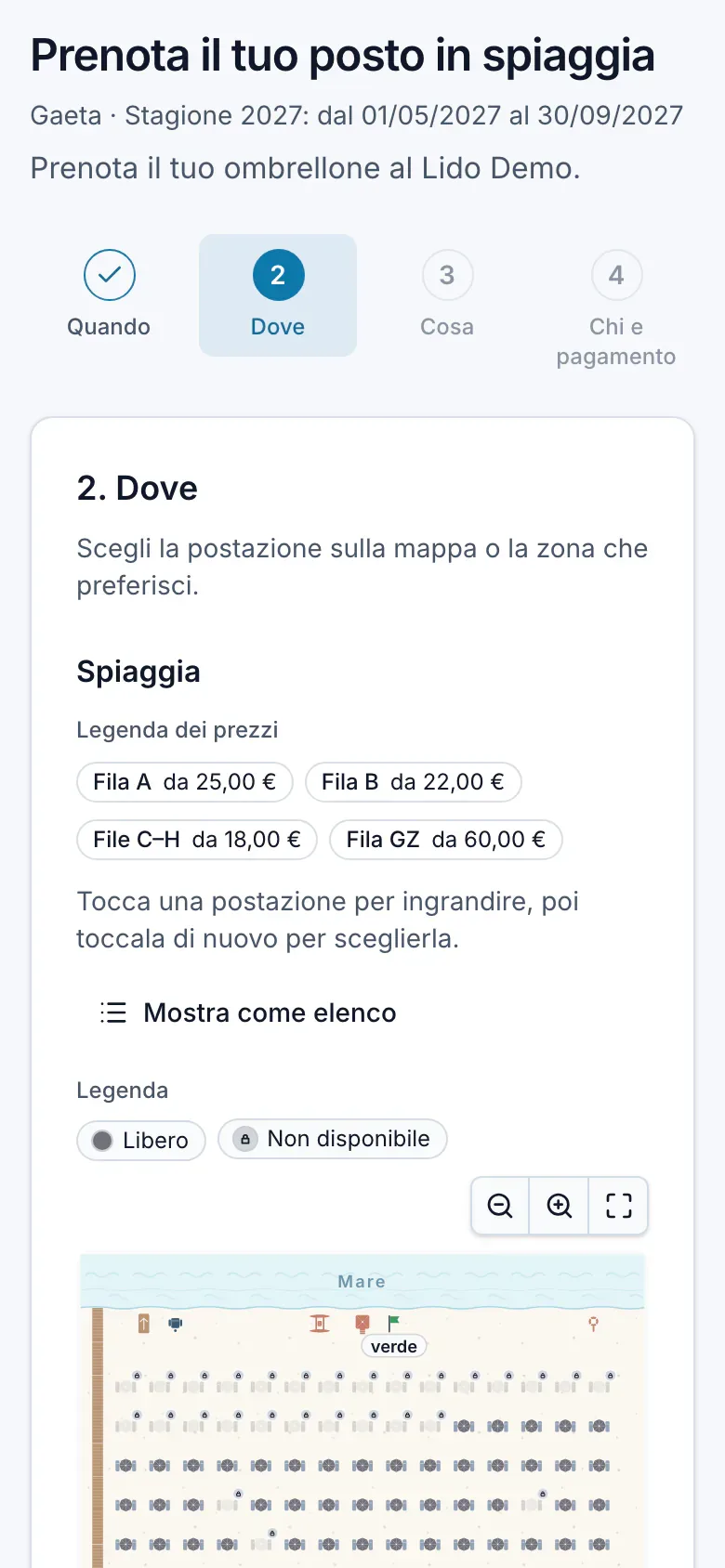 Passo Dove su smartphone: mappa con le postazioni libere e legenda dei prezzi