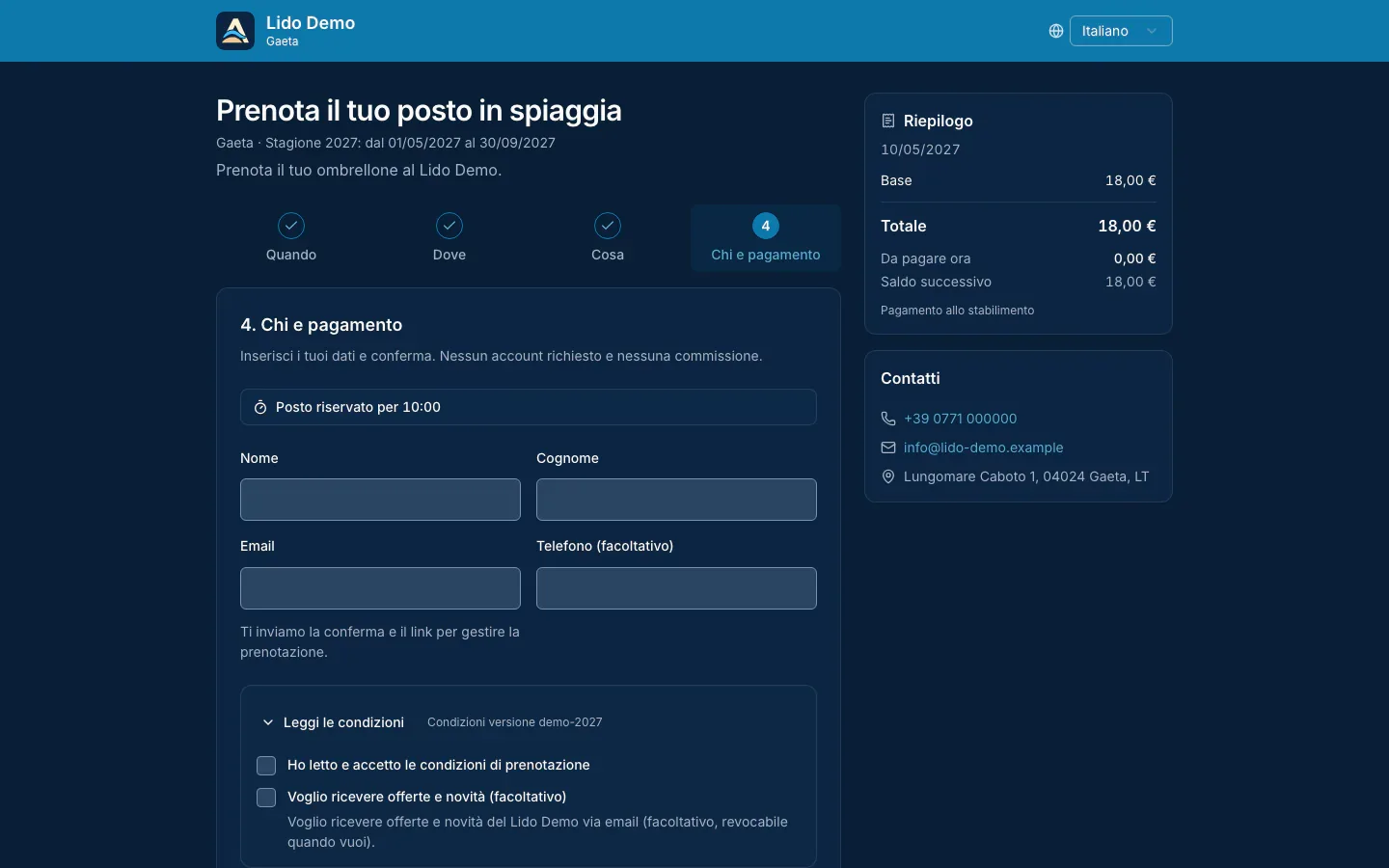 Passo Chi su computer: dati del cliente, consensi e riepilogo a fianco
