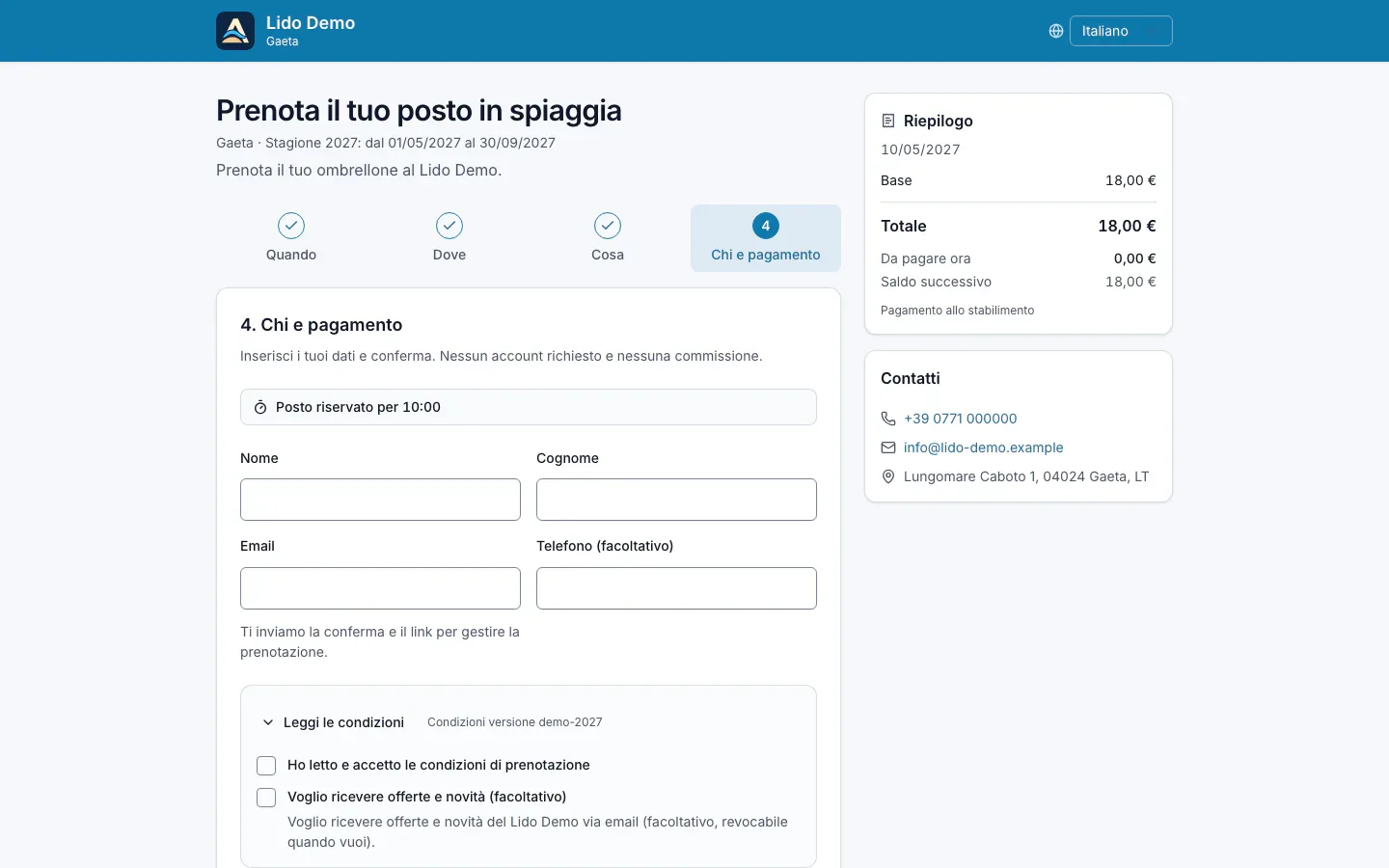 Passo Chi su computer: dati del cliente, consensi e riepilogo a fianco
